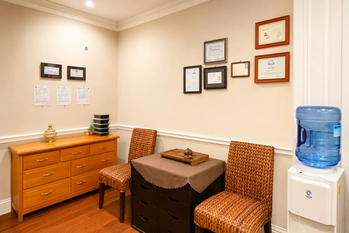 Welcoming TCM wellness clinic hallway at Shou Ren Zhai in Katy TX — warm wood floors, soft lighting, and a calm, clean environment for prenatal and postpartum care