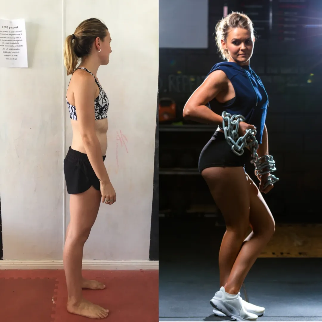 “Side-by-side photo of a woman before and after strength training—showing increased muscle tone and confidence. After photo includes her holding gym chains in a strong, empowered pose.”