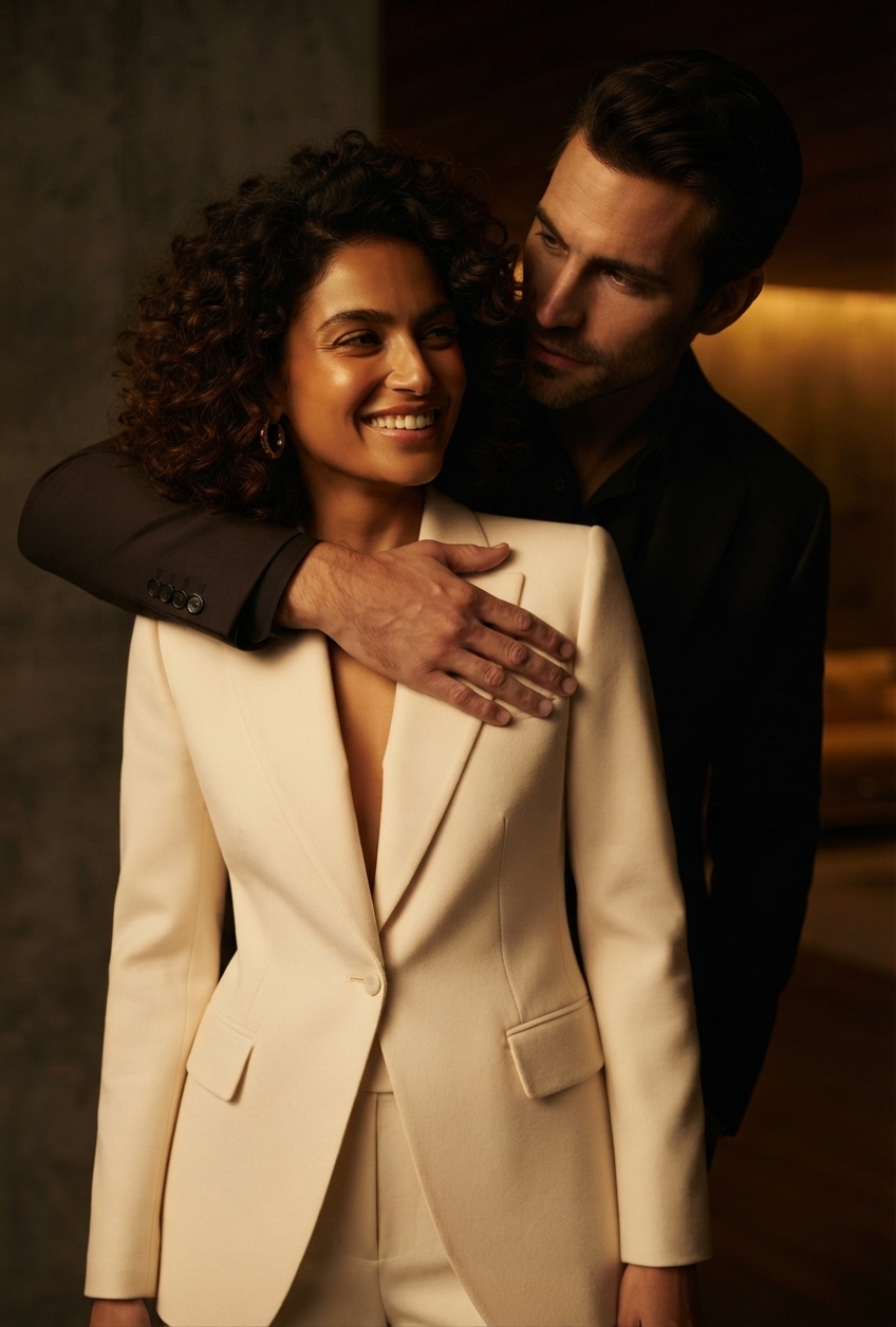 High-fashion portrait of an authoritative relationship strategist in bespoke tailoring