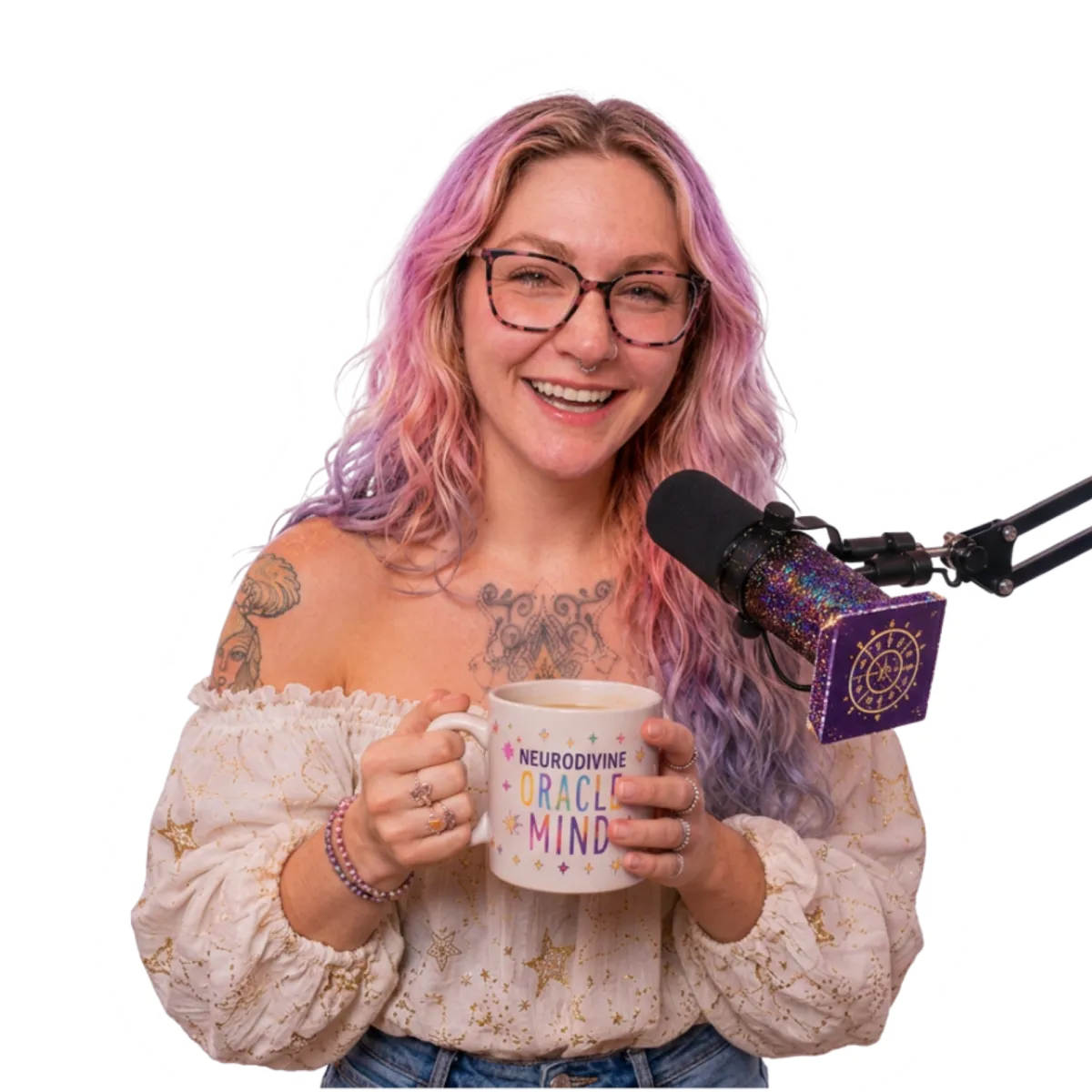 A stylish, warm podcaster laughing naturally while holding a mug