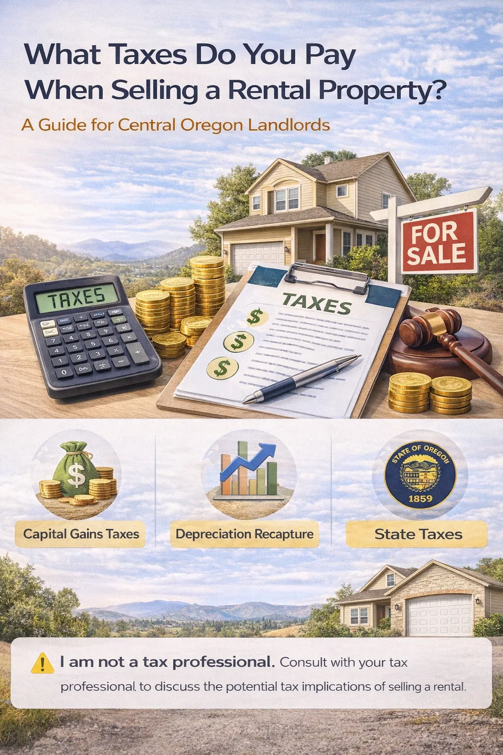 Infographic showing taxes when selling a rental property with house for sale sign, calculator, coins, and tax documents for Central Oregon landlords  Slightly shorter version (also good)  Central Oregon rental property tax infographic with calculator, coins, tax paperwork, and house for sale sign