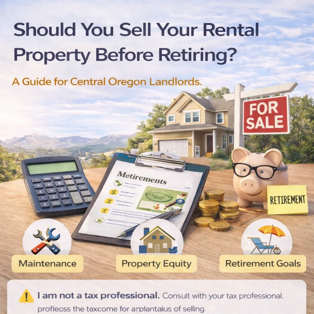 Infographic showing Central Oregon rental property with for sale sign, calculator, retirement planning paperwork, and piggy bank representing selling rental property before retirement
