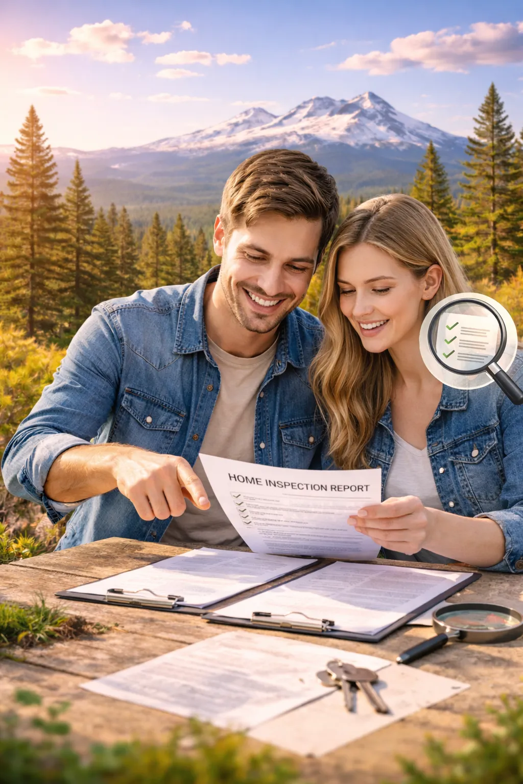 Buyers reviewing a home inspection report with a checklist while planning a home purchase in Central Oregon mountains