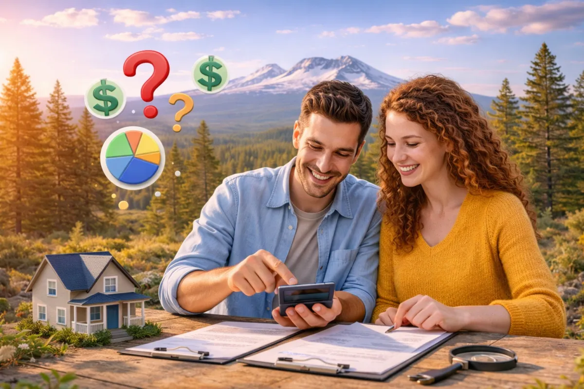 Happy home buyers reviewing closing cost documents and using a calculator in Central Oregon with financial icons