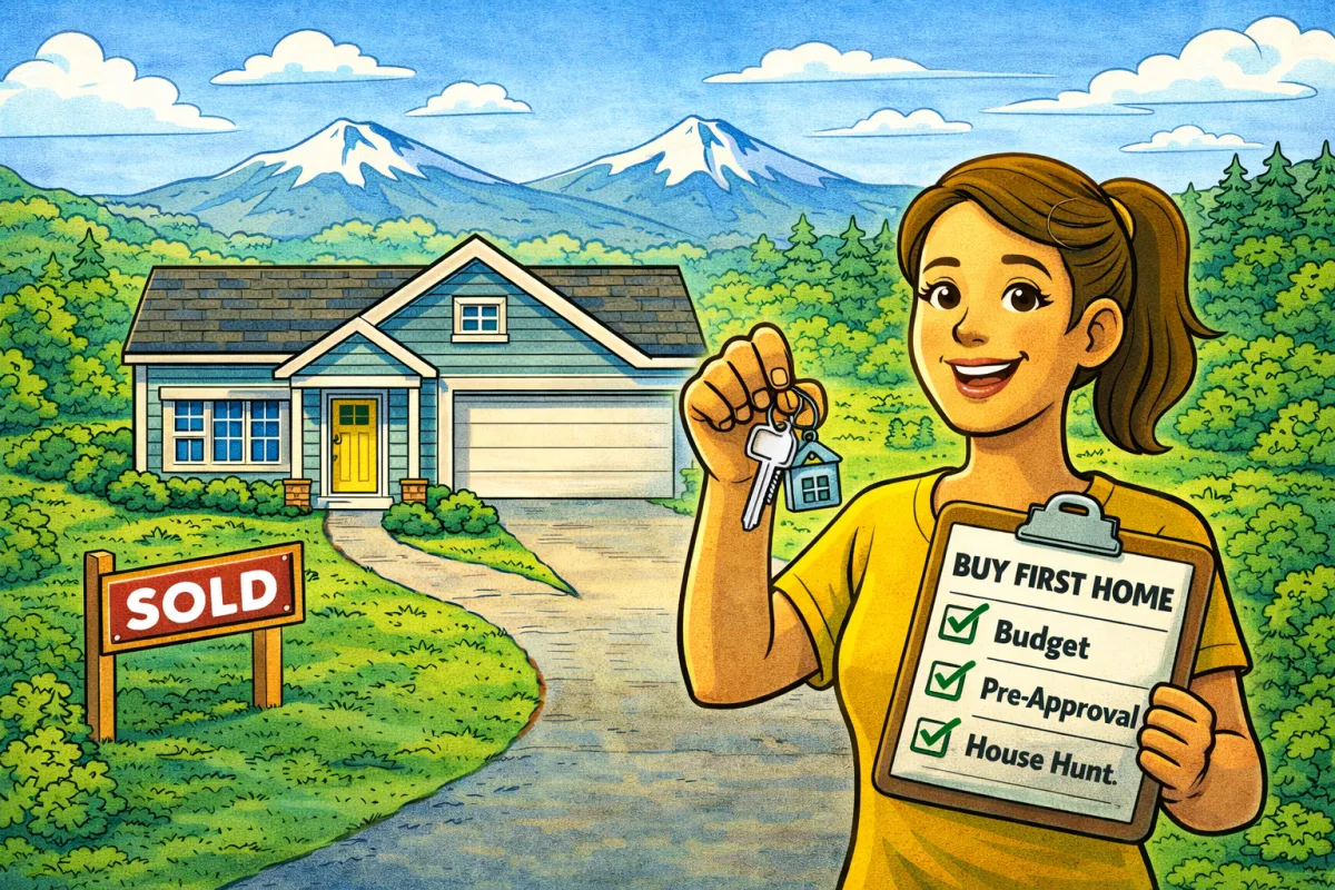 “Cartoon first-time homebuyer in Redmond Oregon holding keys with house, checklist, and mountain background showing home buying process”