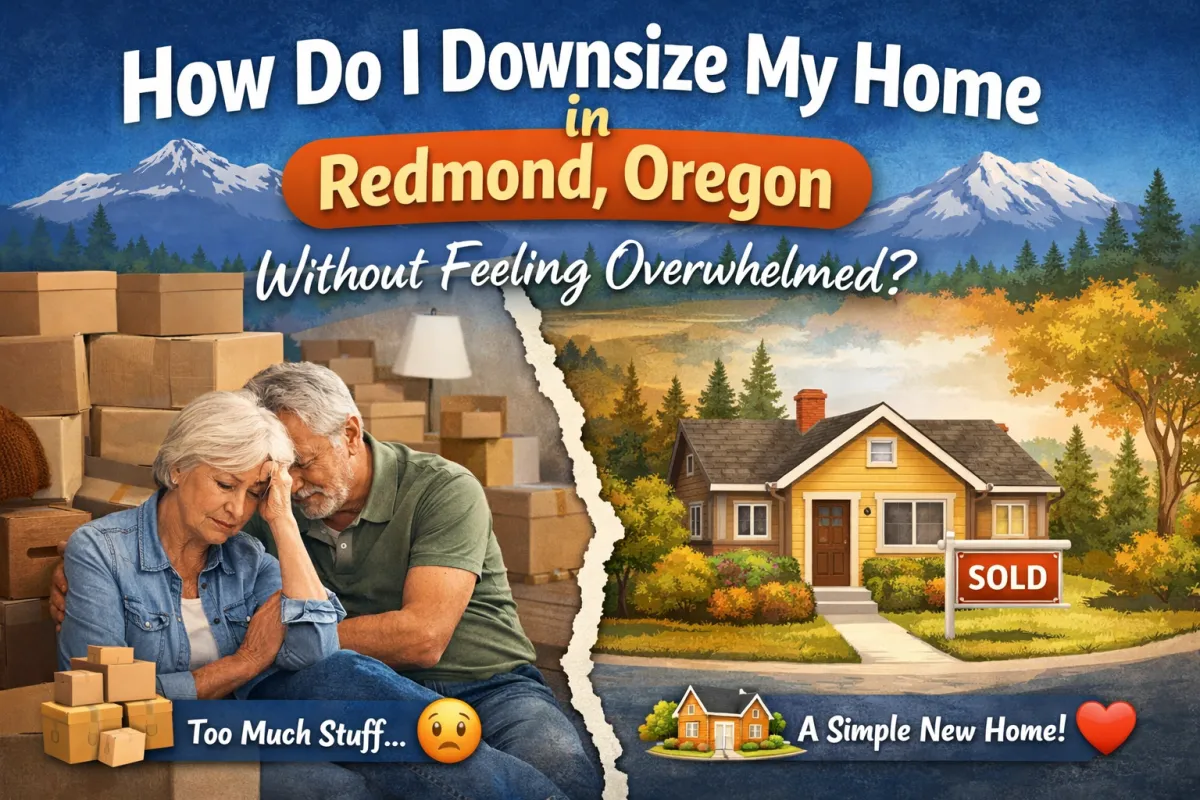 Older couple feeling overwhelmed while downsizing with boxes, contrasted with a peaceful smaller home with a sold sign in Central Oregon.