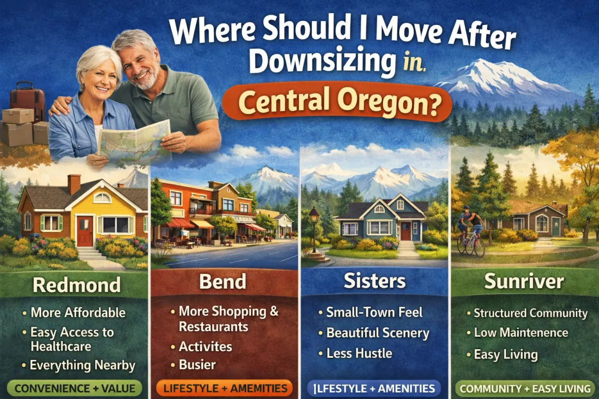 downsizing in Central Oregon choosing between Redmond Bend Sisters and Sunriver homes with happy older couple planning next move