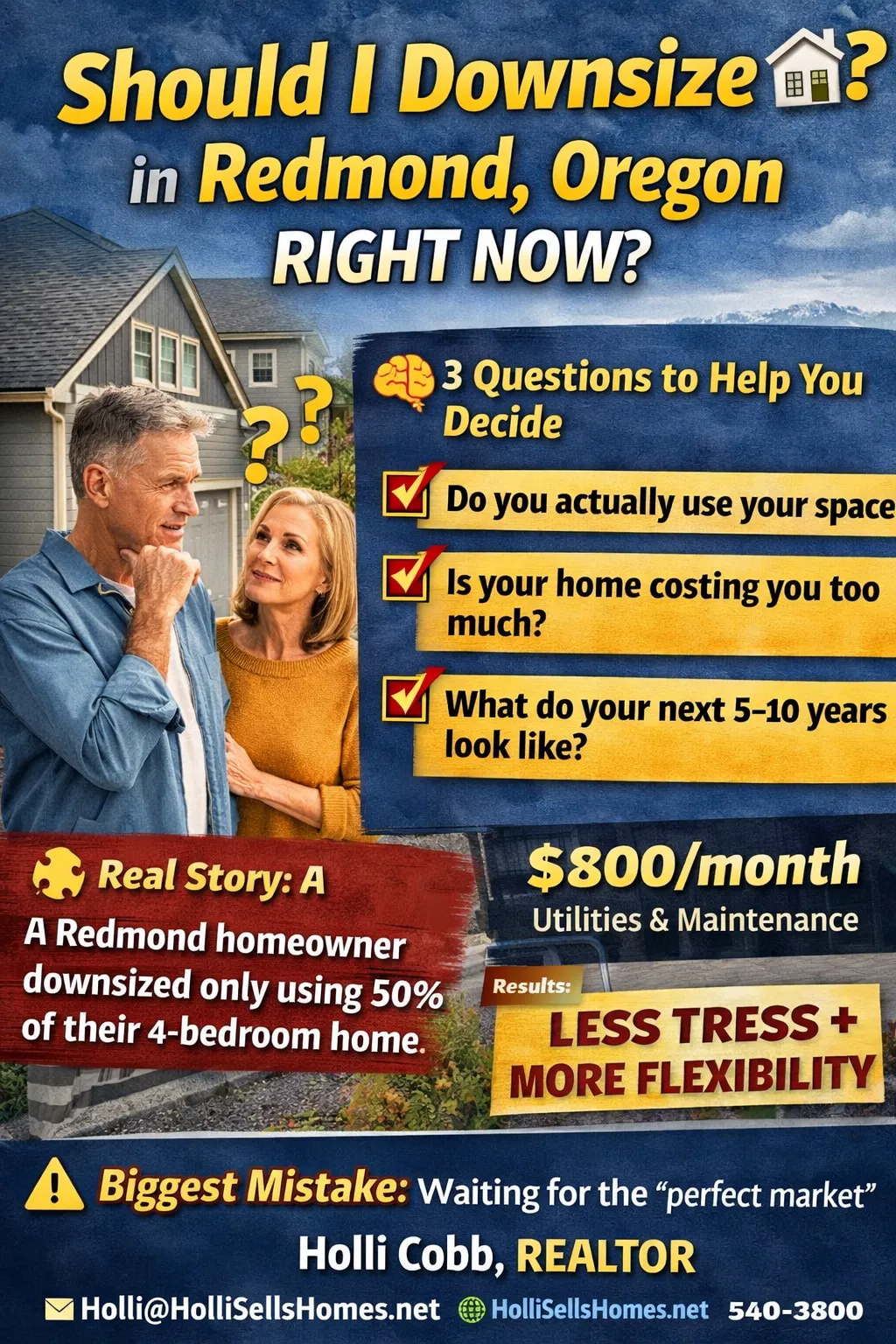 Downsizing decision infographic in Redmond Oregon showing couple evaluating whether to downsize, with key questions, cost savings, and lifestyle benefits