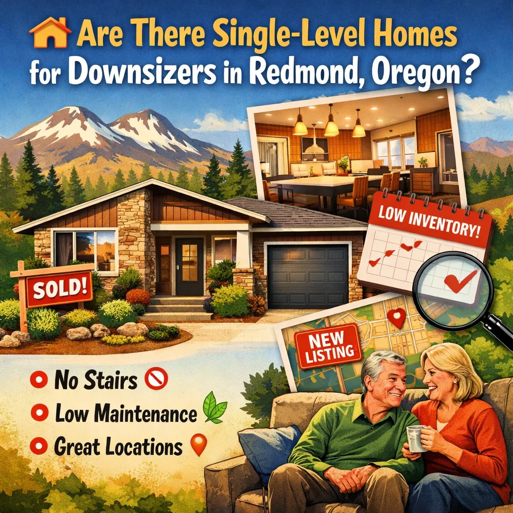 Single-level home in Redmond Oregon with mountain views showing downsizing lifestyle, low-maintenance living, and couple enjoying retirement in Central Oregon