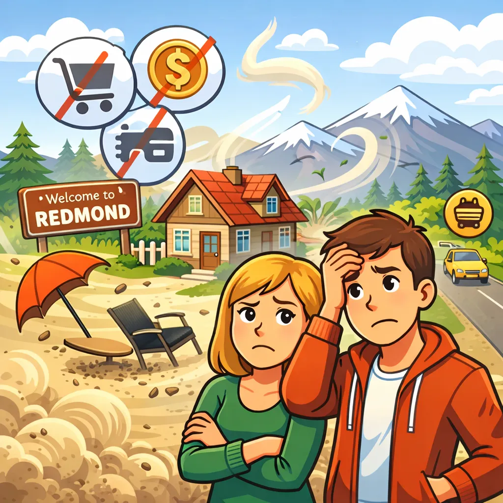 Cartoon-style illustration of a couple looking unsure about moving to a windy, dry Central Oregon town with mountains in the background.