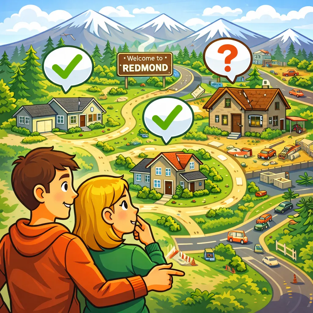 Cartoon-style illustration of a couple choosing between different neighborhoods in Redmond, Oregon with mountains and homes in the background.