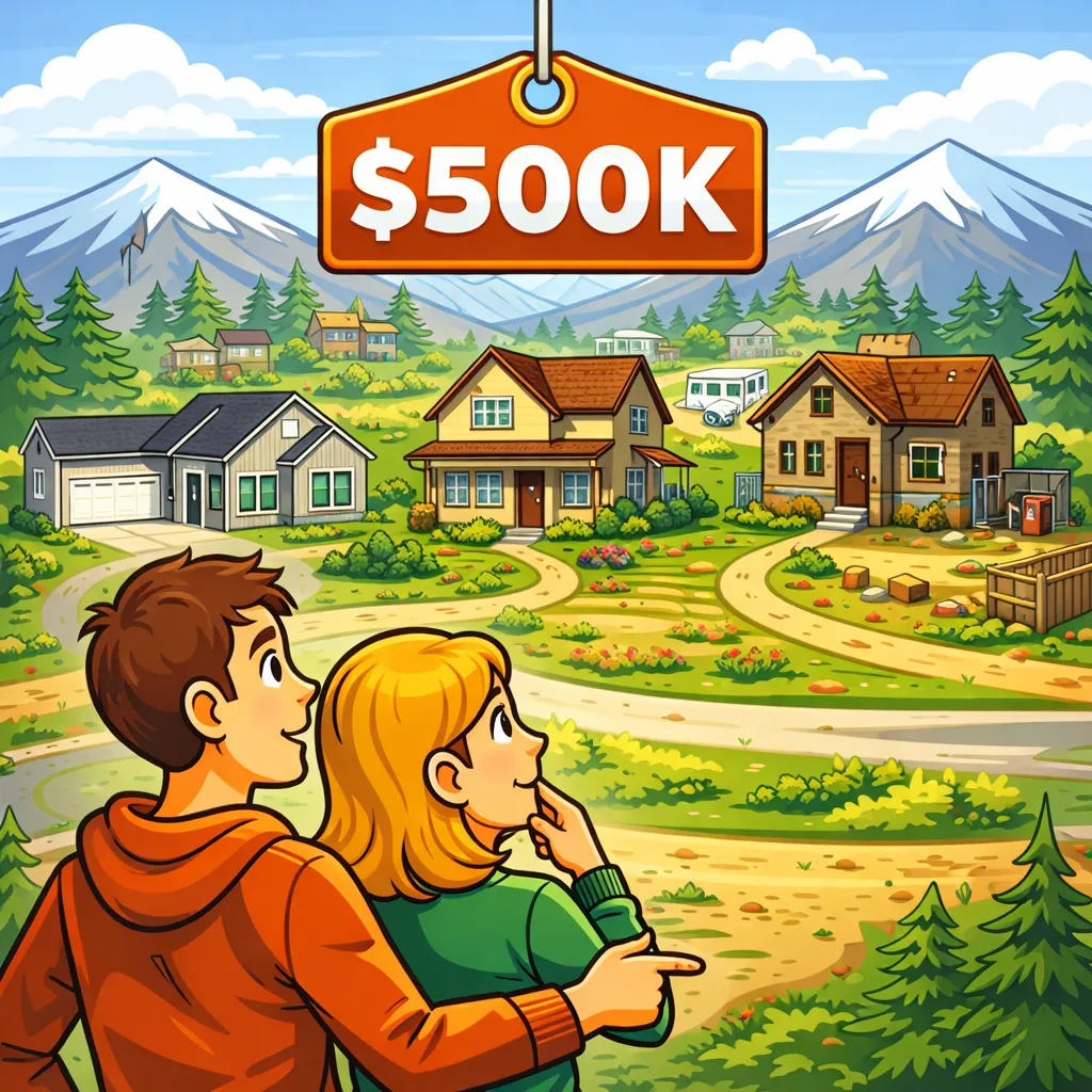 Cartoon-style illustration of buyers comparing different homes with a $500K price tag in Redmond, Oregon with mountains in the background.