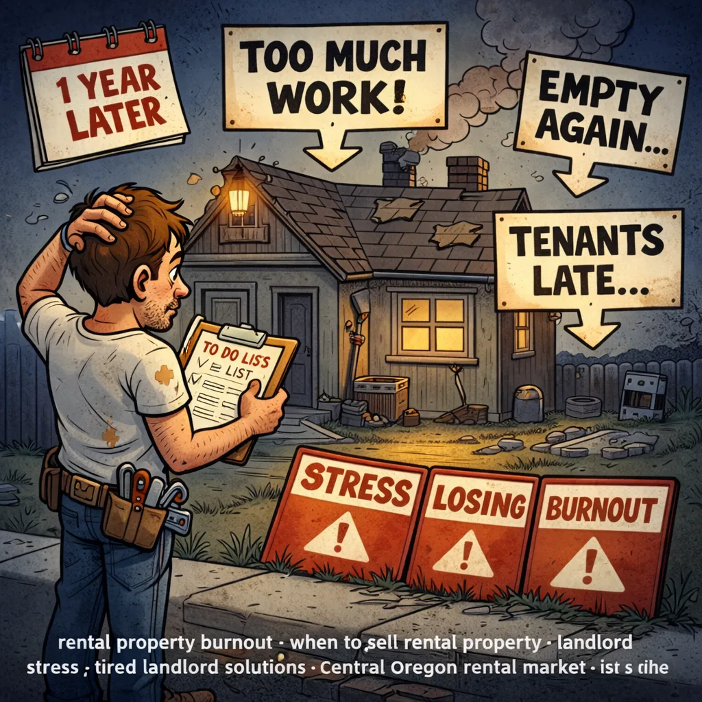 Cartoon-style illustration of a stressed landlord holding a to-do list while standing in front of a rundown rental property with signs reading “Too Much Work,” “Tenants Late,” and “Empty Again,” highlighting burnout and frustration from managing rentals.