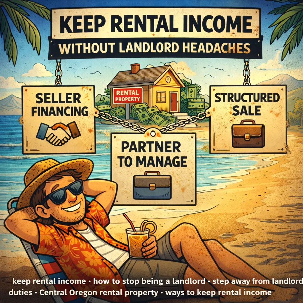 Cartoon-style illustration of a relaxed man sitting on a beach in a lounge chair holding a drink while signs show options like “Seller Financing,” “Structured Sale,” and “Partner to Manage” around a rental property, representing ways to keep income without managing tenants.