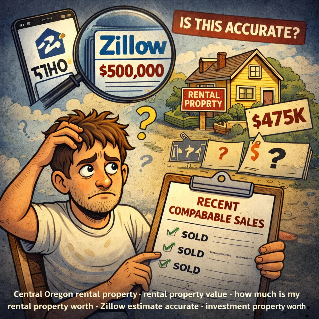 Cartoon-style illustration of a confused landlord comparing a Zillow estimate of $500,000 to a lower price tag on a rental property, while holding a clipboard labeled “Recent Comparable Sales,” highlighting uncertainty about true property value.