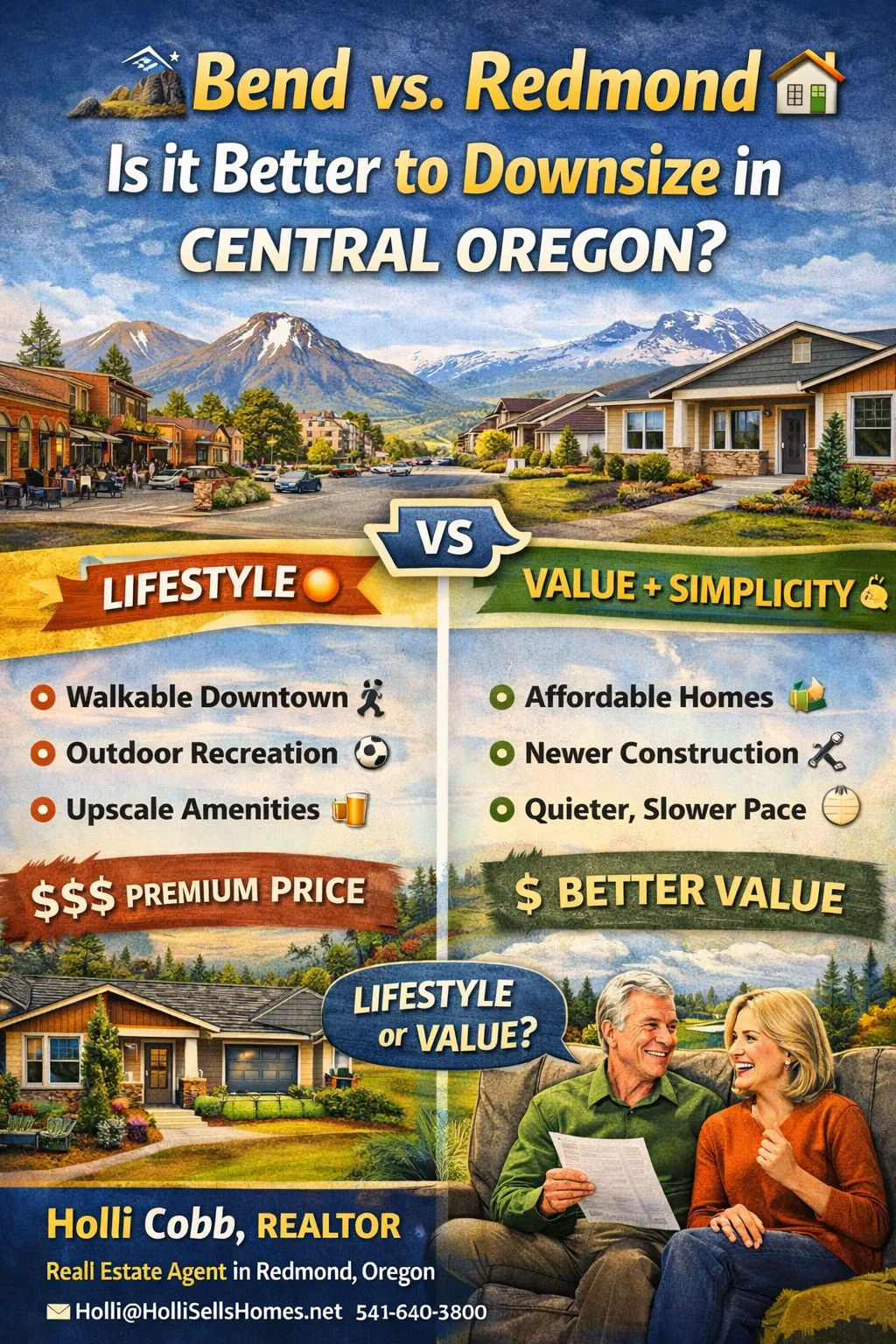 Comparison infographic of Bend vs Redmond Oregon for downsizing showing lifestyle benefits in Bend and affordability in Redmond with Central Oregon mountain backdrop