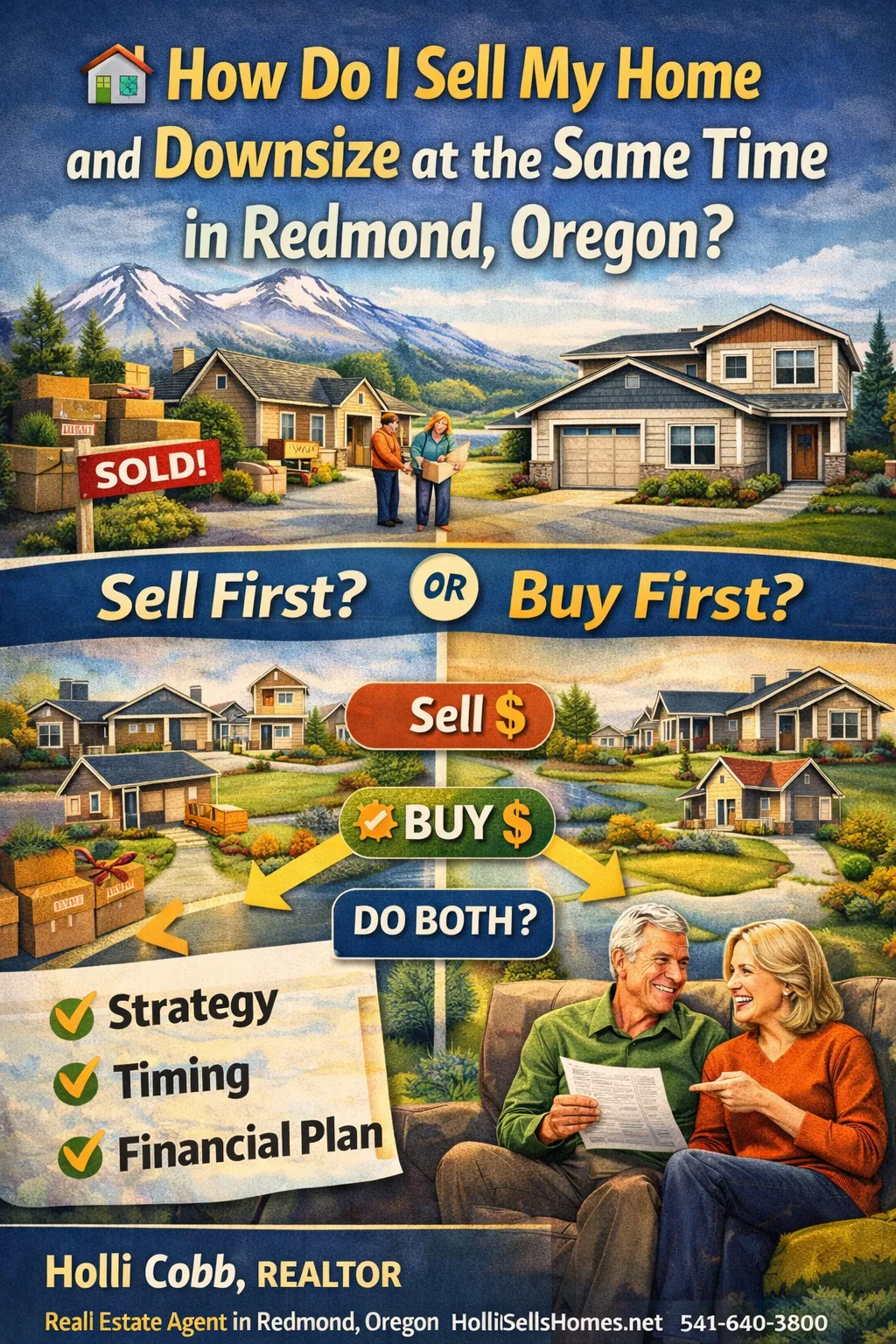 Infographic showing how to sell your home and downsize at the same time in Redmond Oregon with options to sell first, buy first, or do both with strategy and planning
