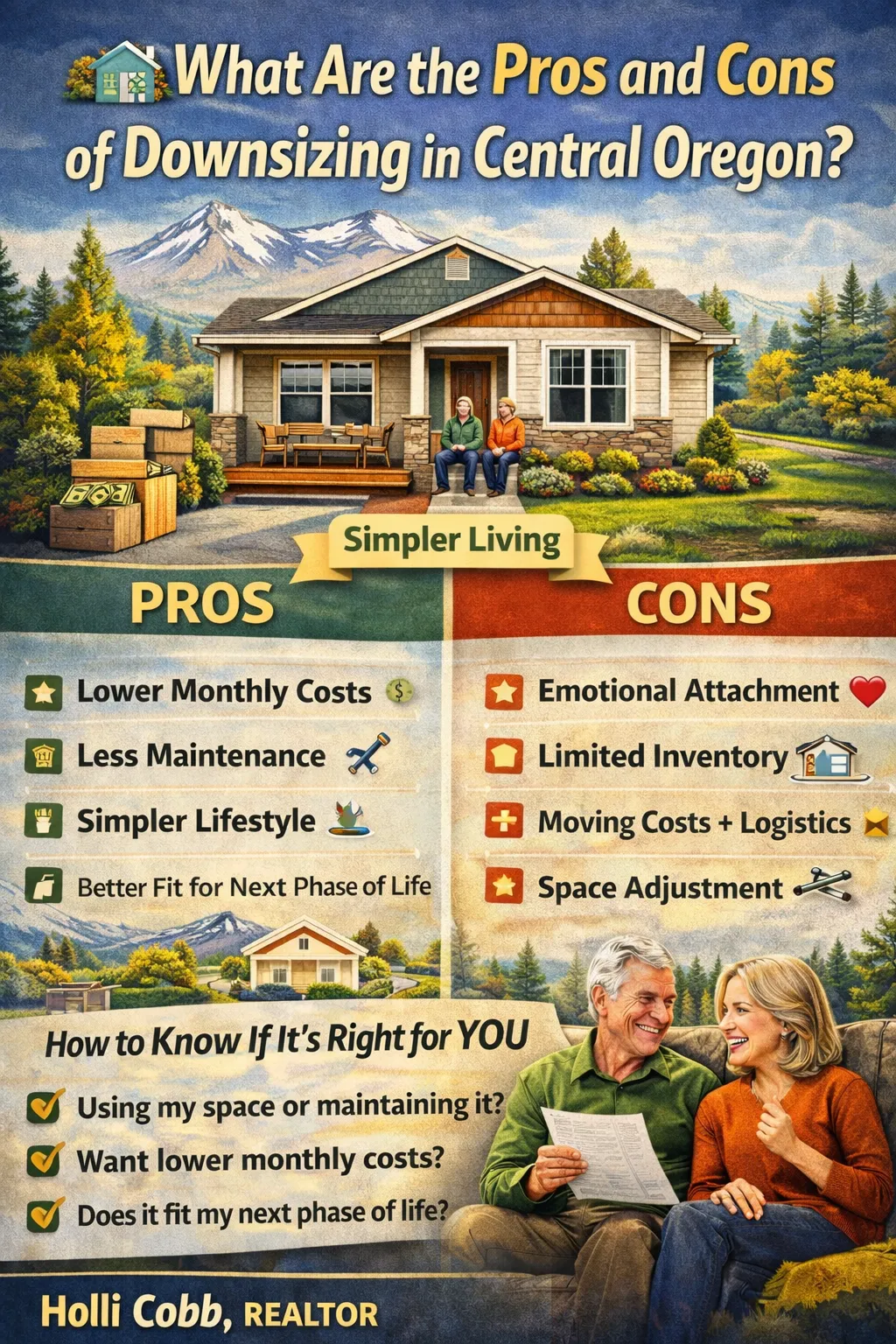 Pros and cons of downsizing in Central Oregon showing smaller home lifestyle, cost savings, and simplified living