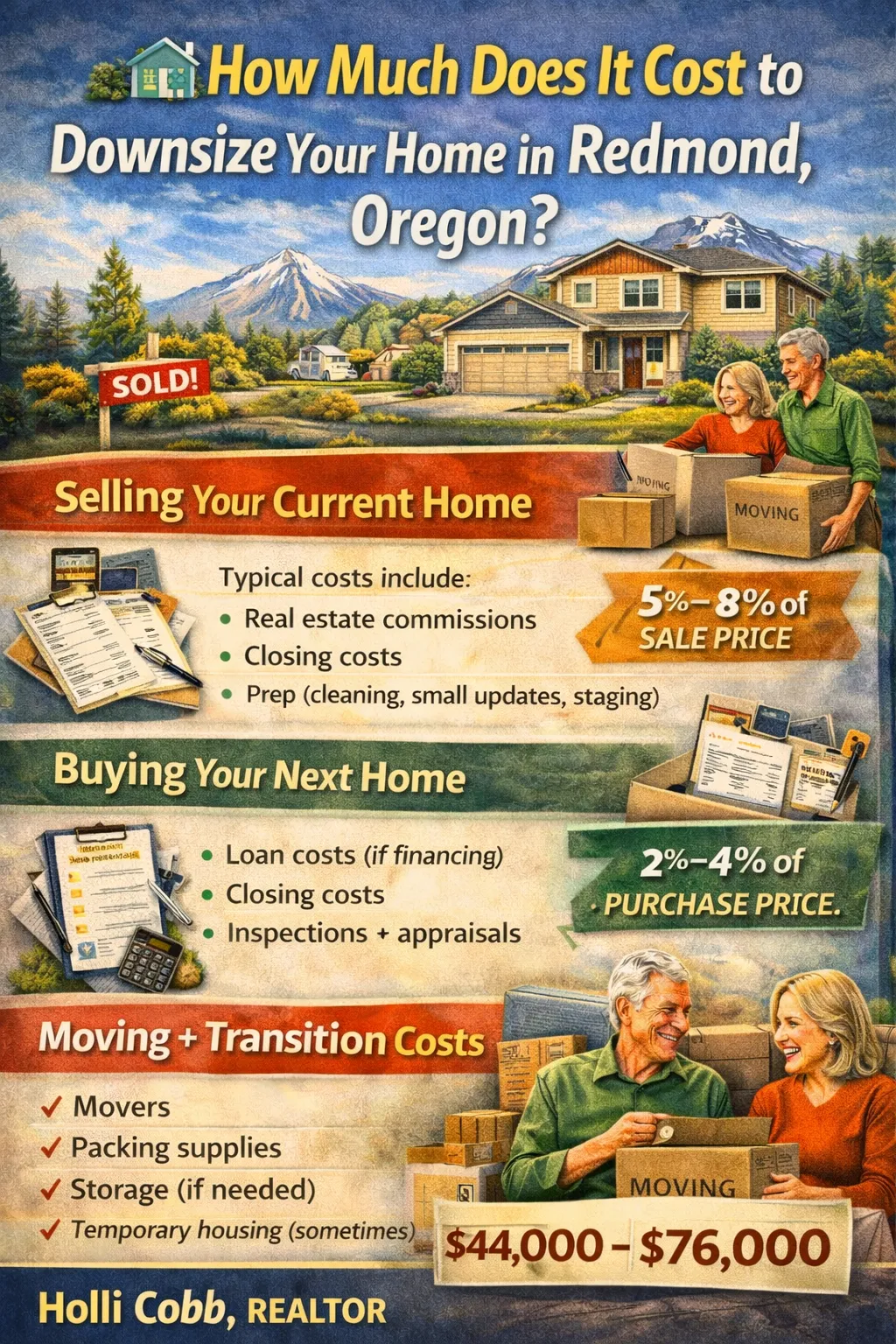 How much does it cost to downsize your home in Redmond Oregon infographic showing real estate fees, moving costs, and total downsizing expenses
