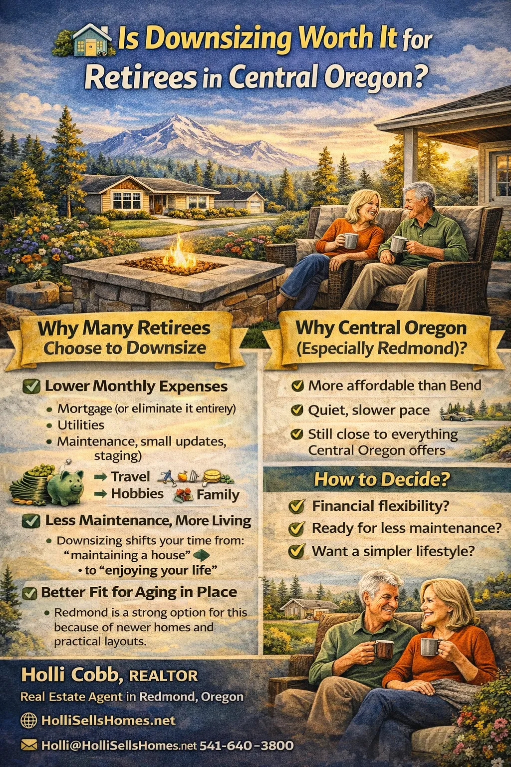 Retired couple downsizing in Central Oregon enjoying smaller home lifestyle with mountain views and low maintenance living