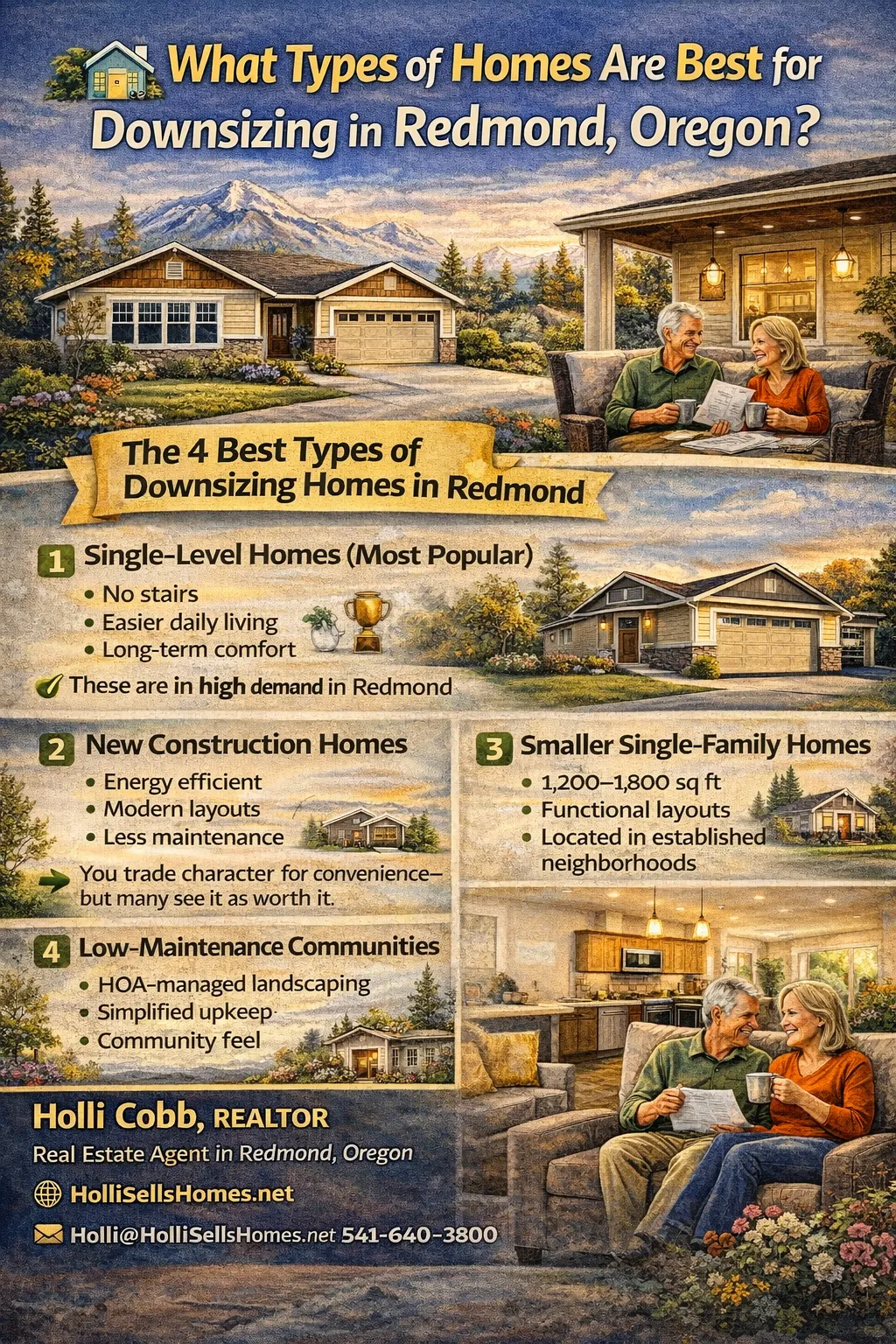 Best homes for downsizing in Redmond Oregon infographic highlighting single-level living, new construction homes, and low-maintenance housing options in Central Oregon