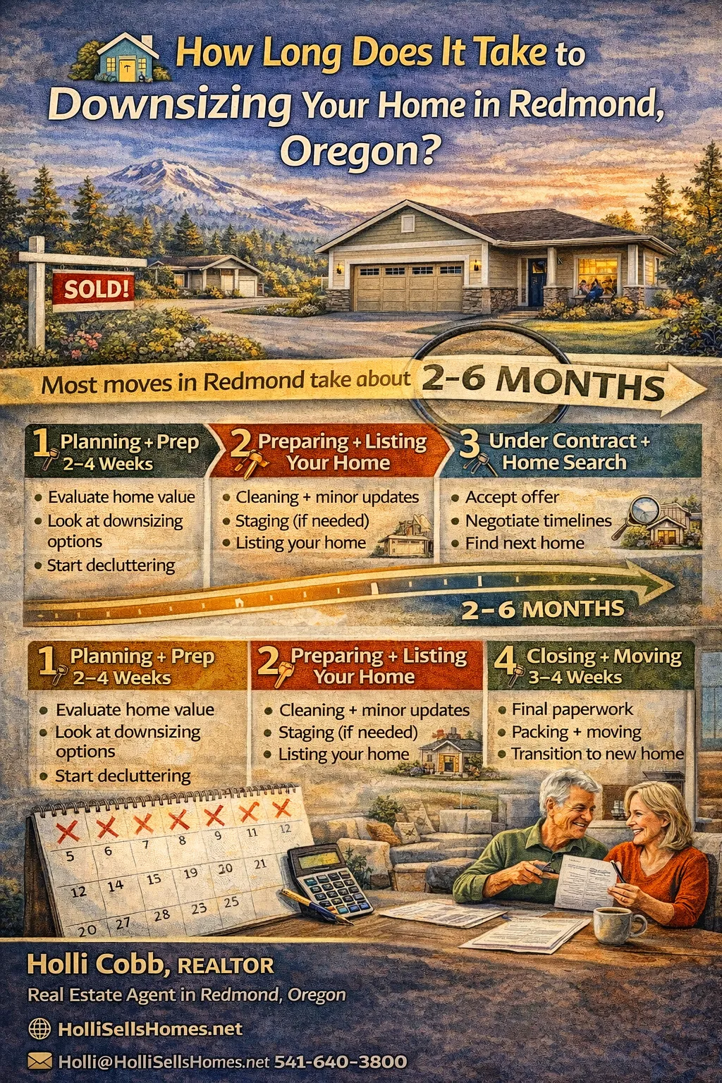 Timeline for downsizing a home in Redmond Oregon showing planning, selling, buying, and moving stages