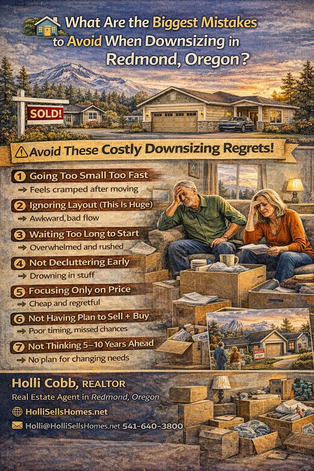 Downsizing mistakes in Redmond Oregon infographic highlighting common regrets like choosing the wrong home size, lack of planning, and clutter during moving