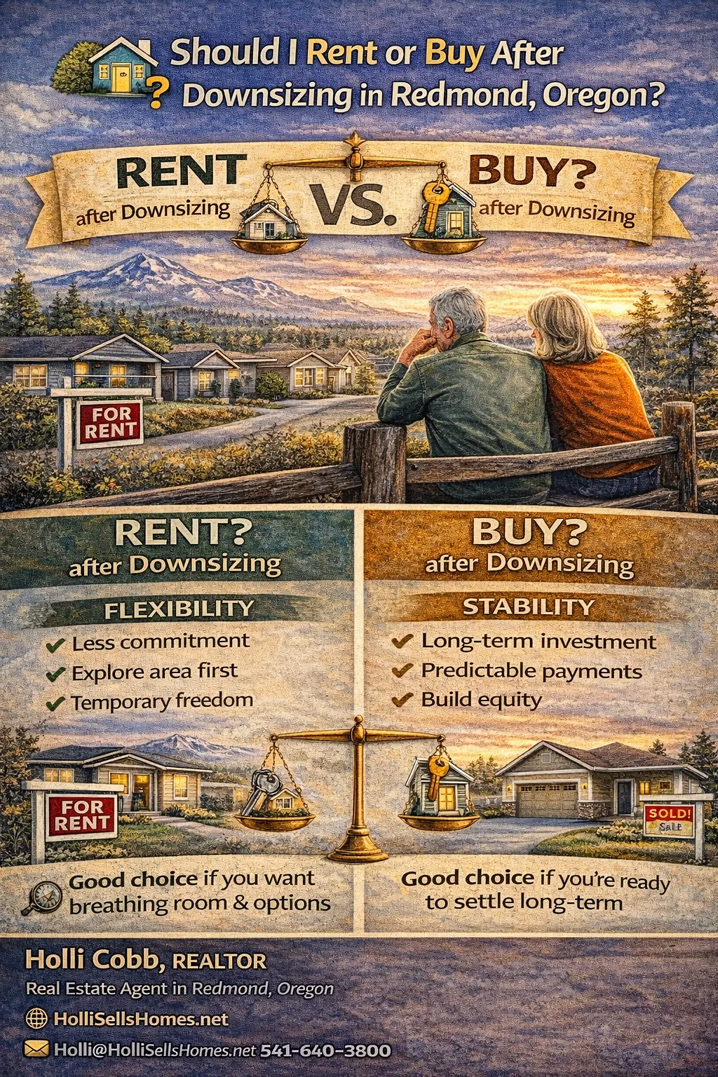 Rent vs buy after downsizing in Redmond Oregon showing comparison between rental flexibility and homeownership stability