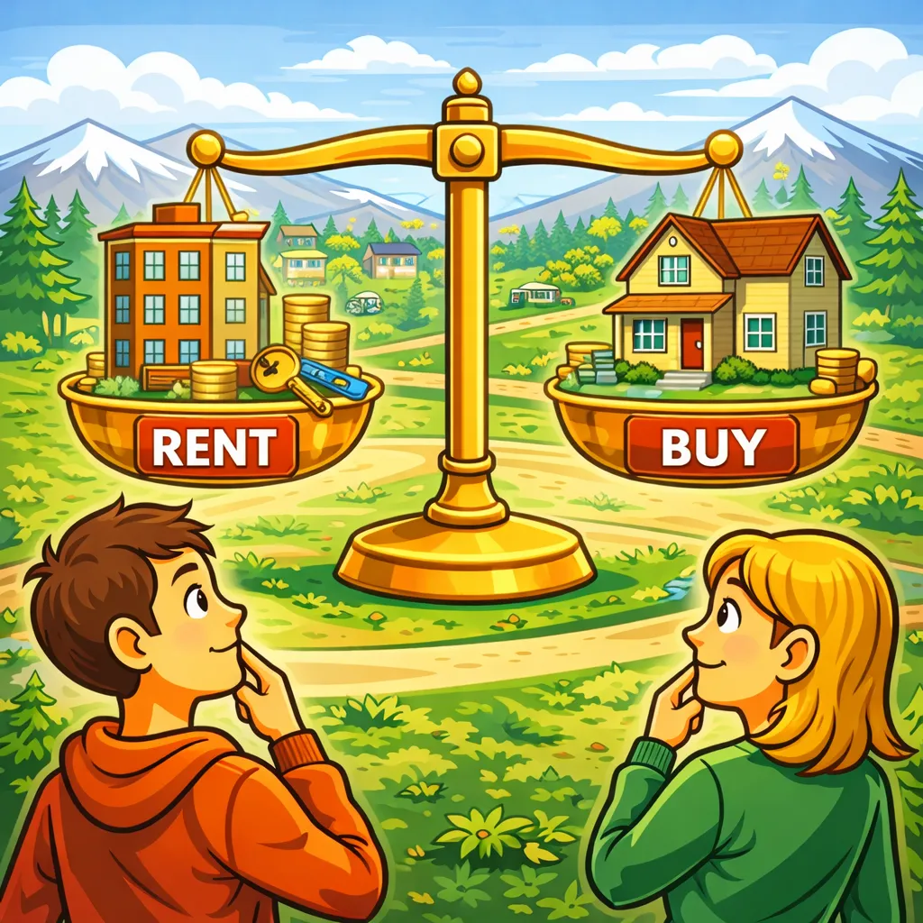Cartoon-style illustration of a scale balancing renting and buying a home with a house and apartment in Central Oregon.