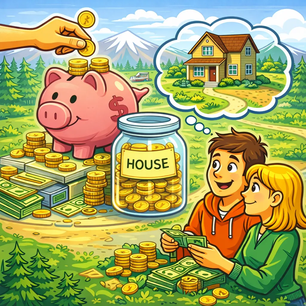 Cartoon-style illustration of a piggy bank and a house with buyers saving money to purchase a home in Central Oregon.
