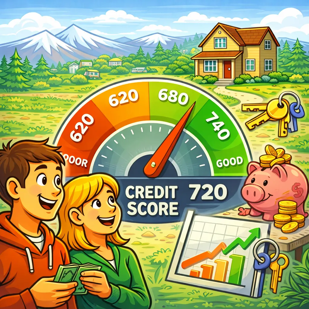 Cartoon-style illustration of a couple checking a credit score meter while planning to buy a home in Central Oregon.