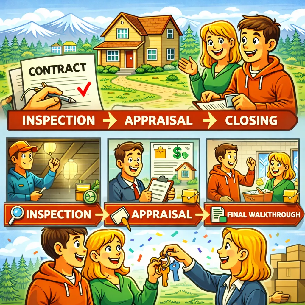 Cartoon-style illustration showing the steps of buying a home from contract to closing with buyers receiving keys in Central Oregon.