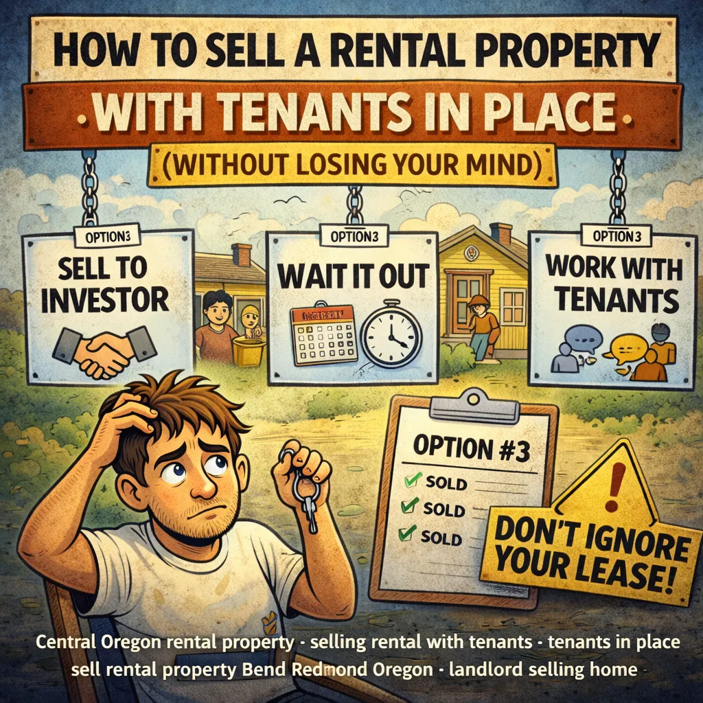 Cartoon-style illustration of a stressed landlord holding keys while looking at signs showing options to sell a rental property with tenants in place, including “Sell to Investor,” “Wait It Out,” and “Work With Tenants,” along with a warning sign that says “Don’t Ignore Your Lease.”