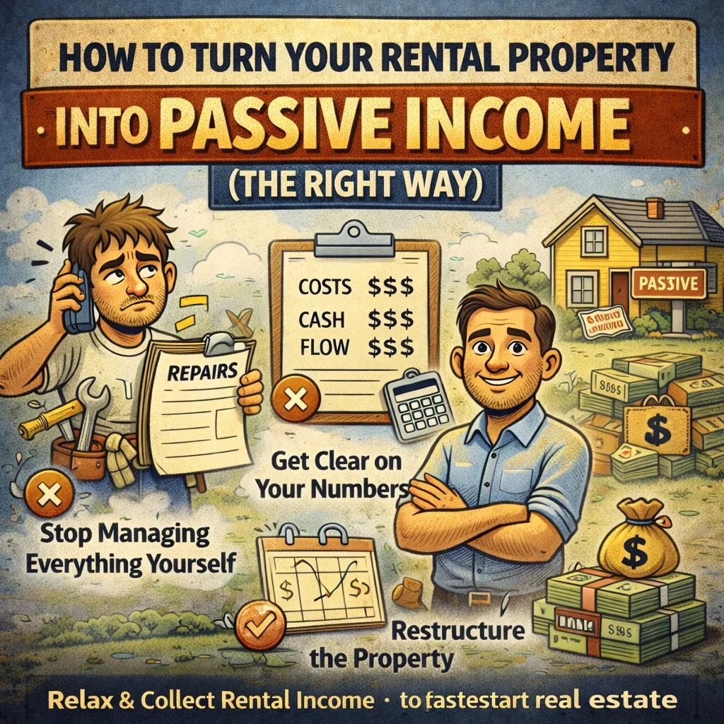 Cartoon-style illustration showing a stressed landlord handling repairs and paperwork on one side, transitioning to a relaxed, smiling property owner on the other side with cash flow and a “passive” rental property, illustrating the shift from active management to passive income.