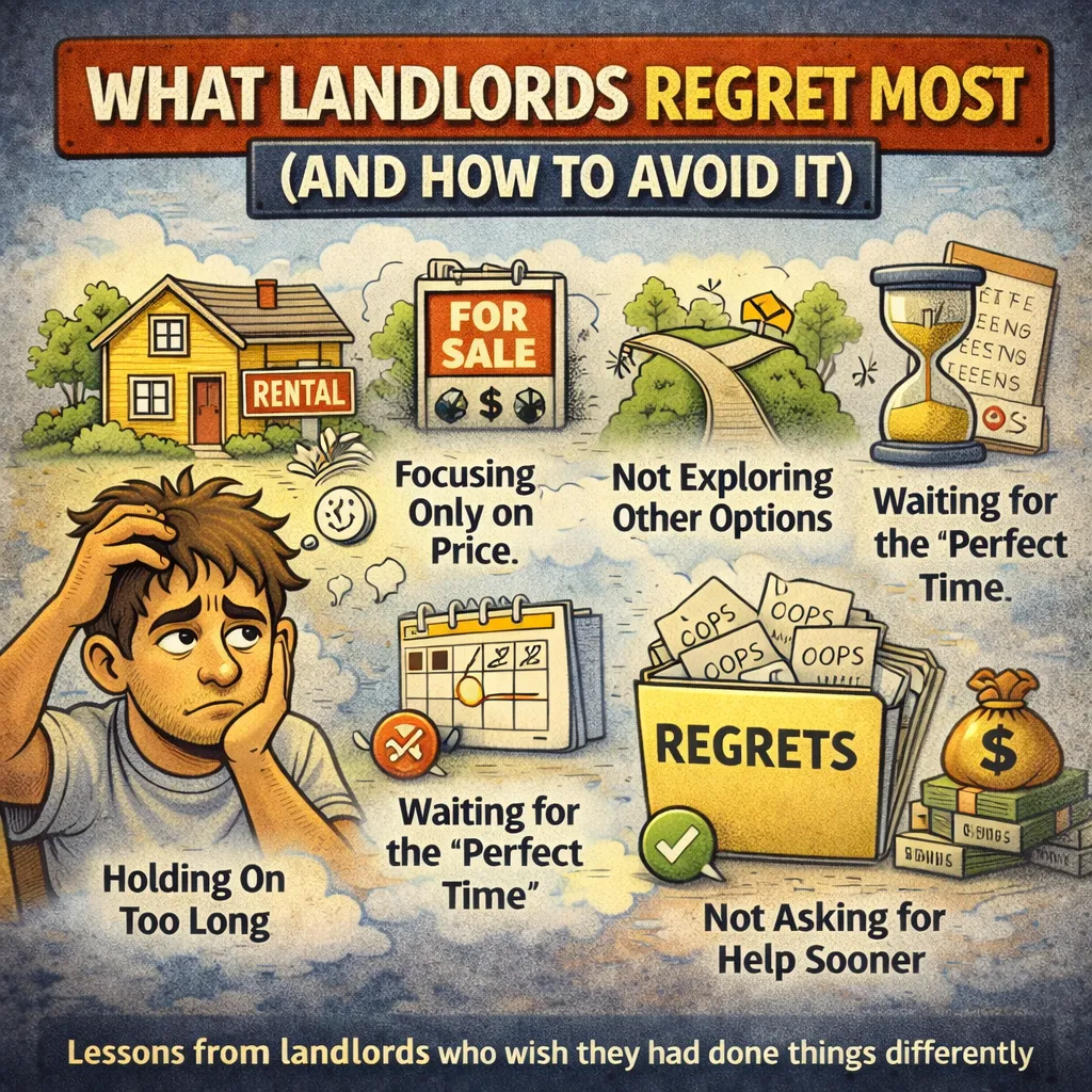 Cartoon-style illustration of a stressed landlord reflecting on common regrets like holding onto a rental too long, focusing only on price, waiting for the perfect time, and not exploring other options, with visual icons like a house, calendar, and hourglass representing missed opportunities.