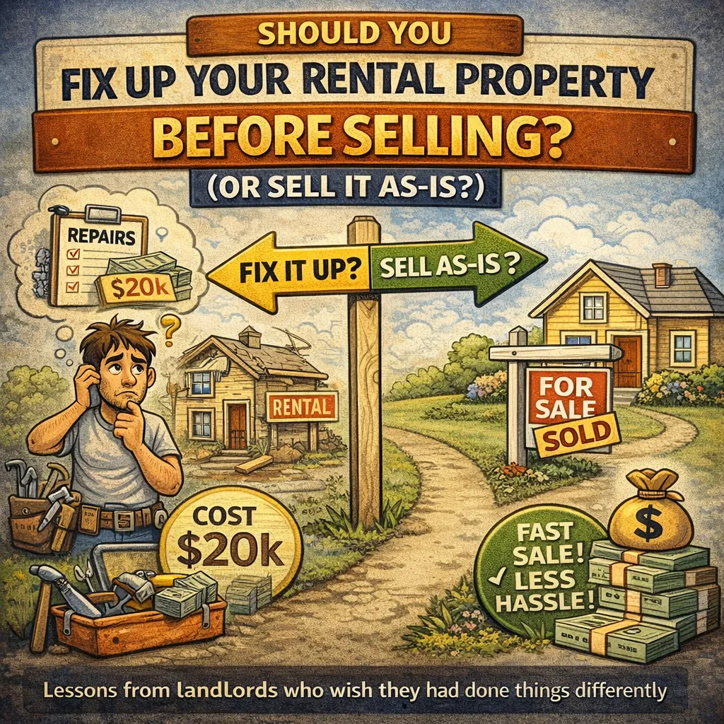 Cartoon-style illustration of a landlord deciding whether to fix up a worn rental property or sell it as-is, with a split path showing repair costs on one side and a sold home with cash on the other, highlighting the choice between renovating and selling quickly.
