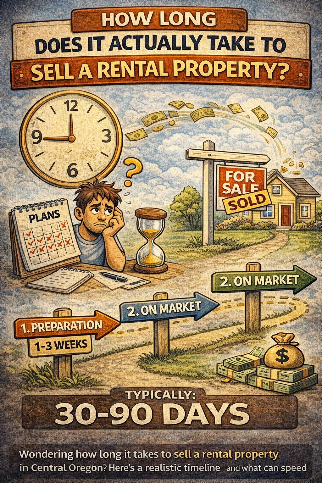 Cartoon-style illustration of a landlord looking concerned while reviewing a timeline to sell a rental property, with visuals showing preparation, time on market, and closing phases, along with a clock and hourglass indicating a typical 30–90 day timeframe leading to a sold home.