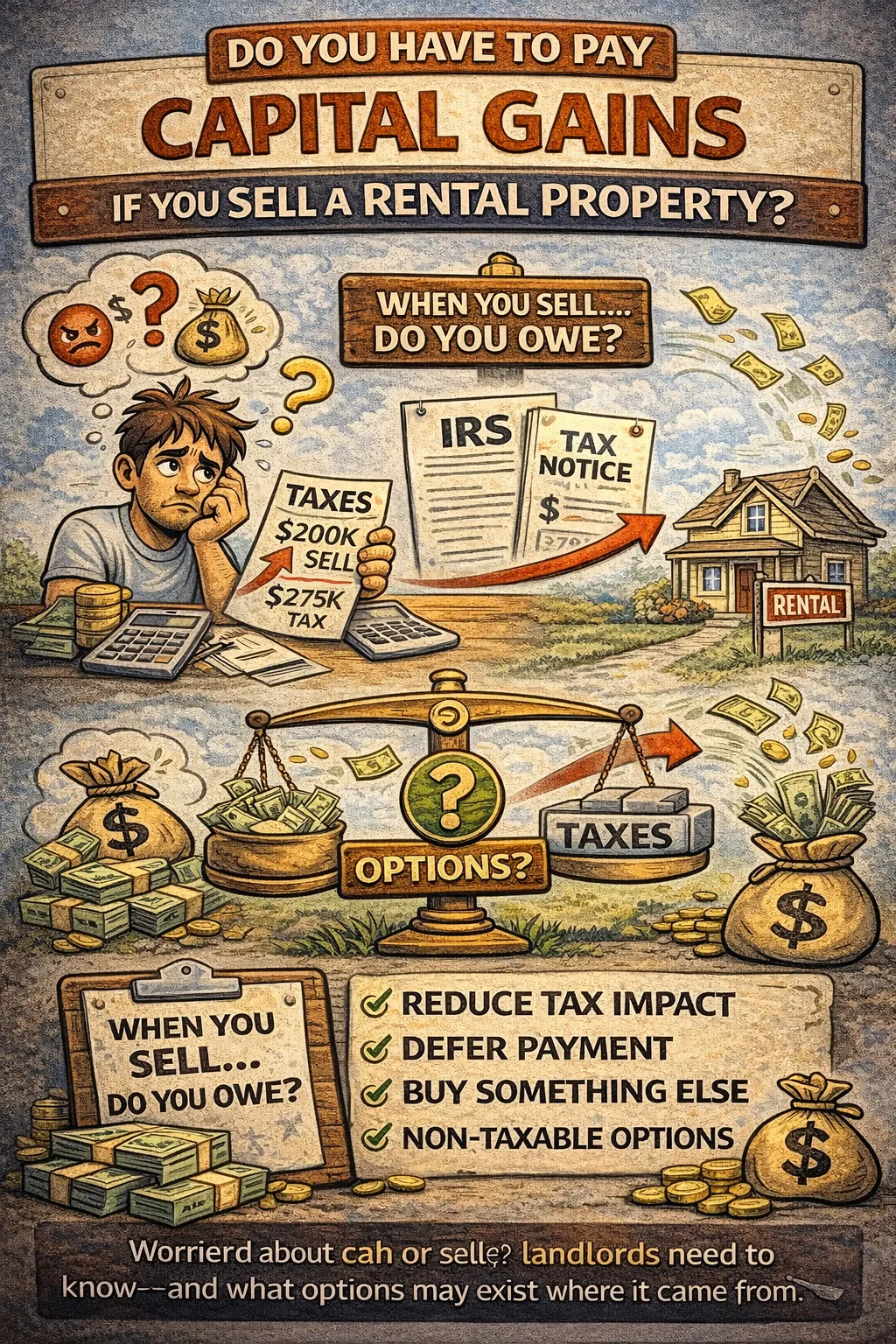 Cartoon-style illustration of a worried landlord reviewing tax paperwork while surrounded by visuals of capital gains, IRS documents, and money, with a scale comparing taxes versus available options like reducing or deferring the tax impact when selling a rental property.