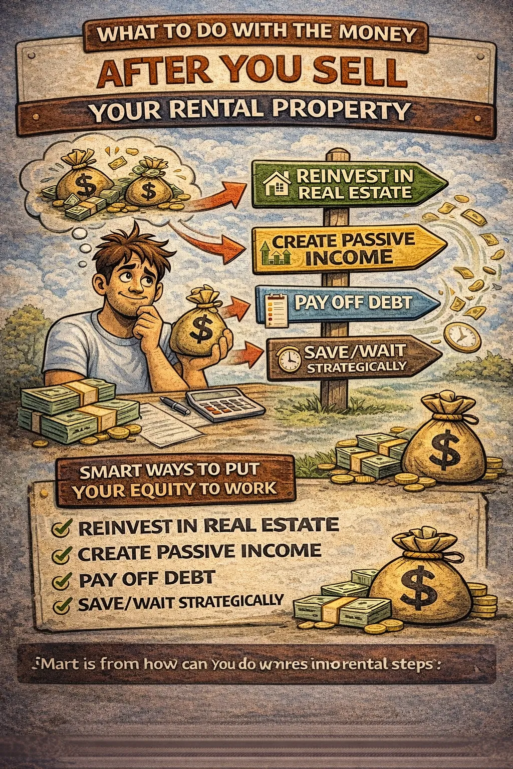 Cartoon-style illustration of a landlord holding a bag of money while considering different options after selling a rental property, with signposts showing choices like reinvesting in real estate, creating passive income, paying off debt, or saving strategically.