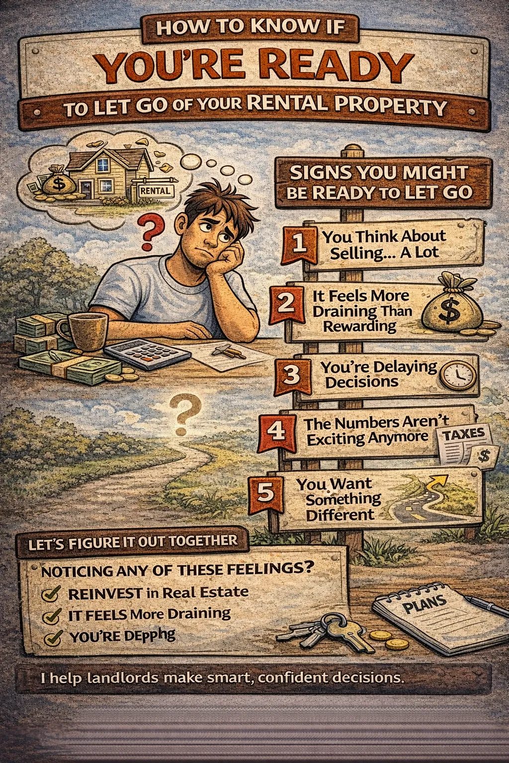 Cartoon-style illustration of a thoughtful landlord sitting at a table with money and paperwork, reflecting on whether to sell a rental property, alongside a sign listing five signs it may be time to let go, including thinking about selling often, feeling drained, delaying decisions, and wanting something different.