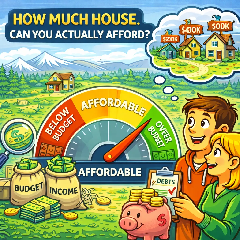 Cartoon-style illustration of a couple in Central Oregon evaluating how much home they can afford, featuring a house, mountains, money, a piggy bank, and an affordability gauge showing budget ranges.
