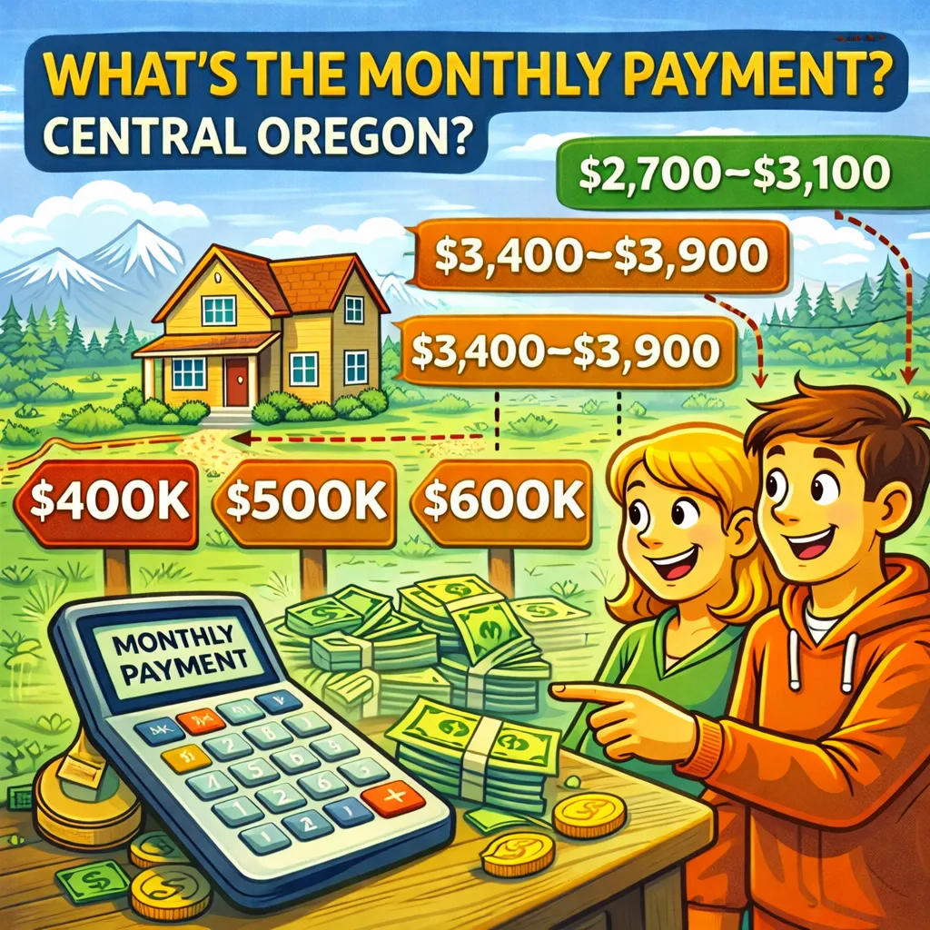 Cartoon-style illustration of buyers reviewing monthly mortgage payments with a calculator, house, and dollar amounts in Central Oregon.
