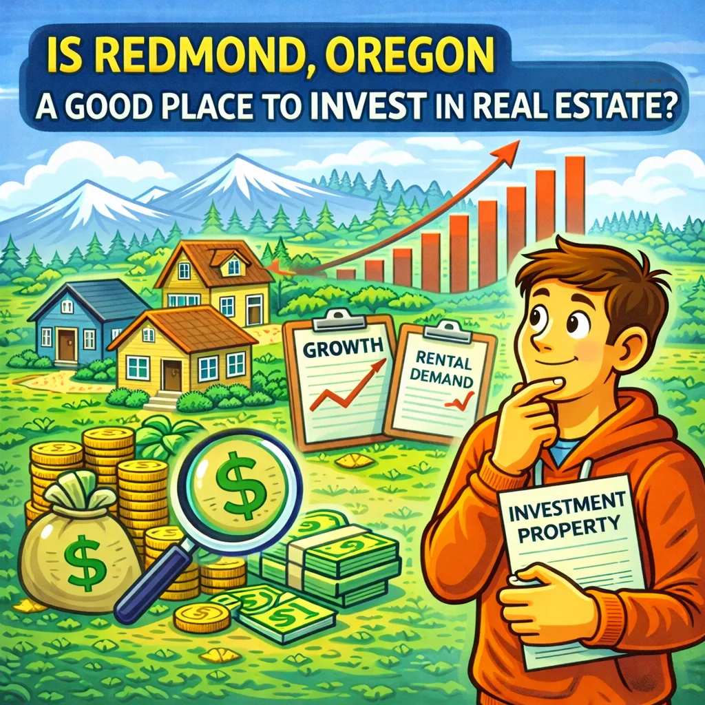 Cartoon-style illustration of a real estate investor evaluating homes and growth charts in Redmond, Oregon with mountains in the background.