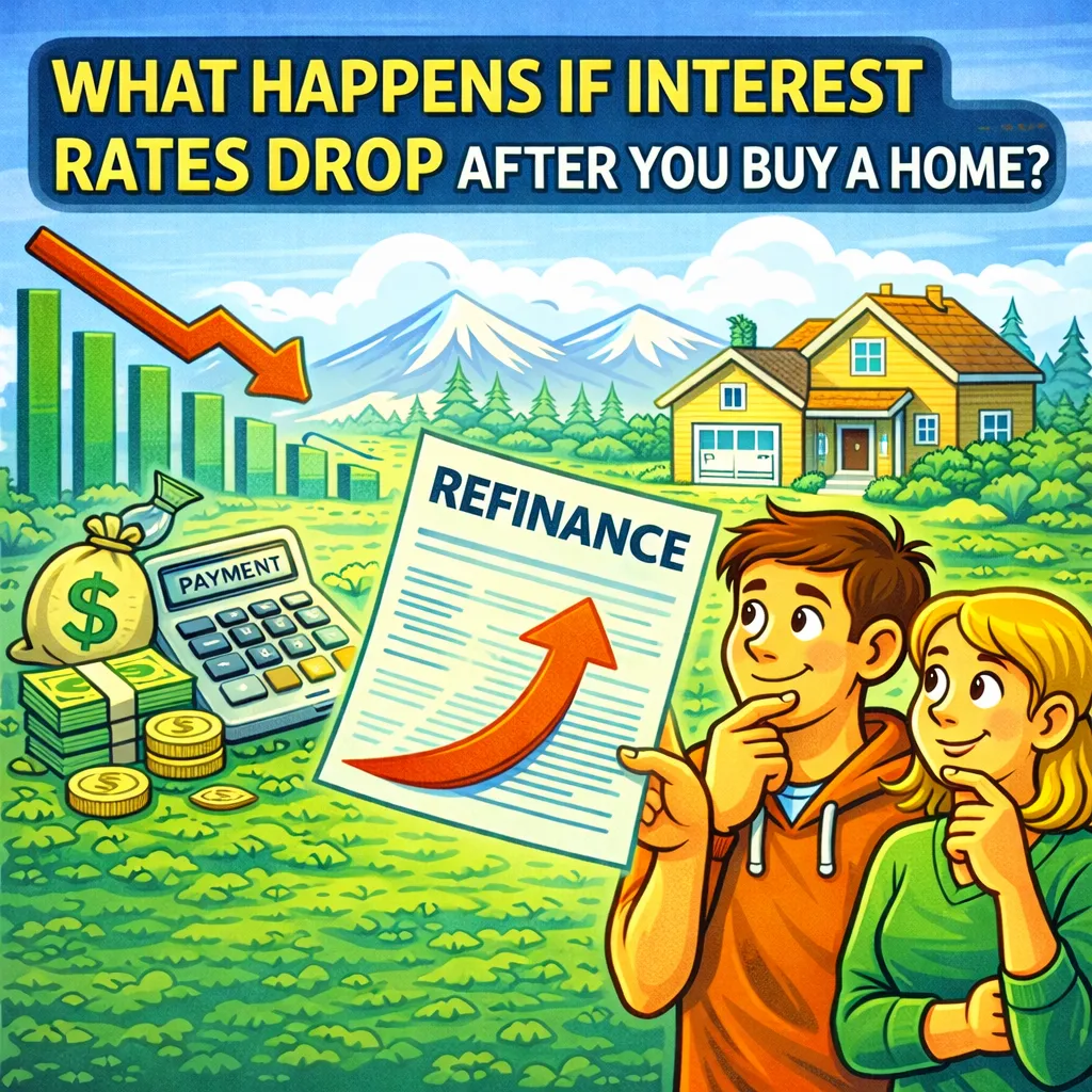 Cartoon-style illustration of a homeowner watching interest rates drop and considering refinancing in Central Oregon.