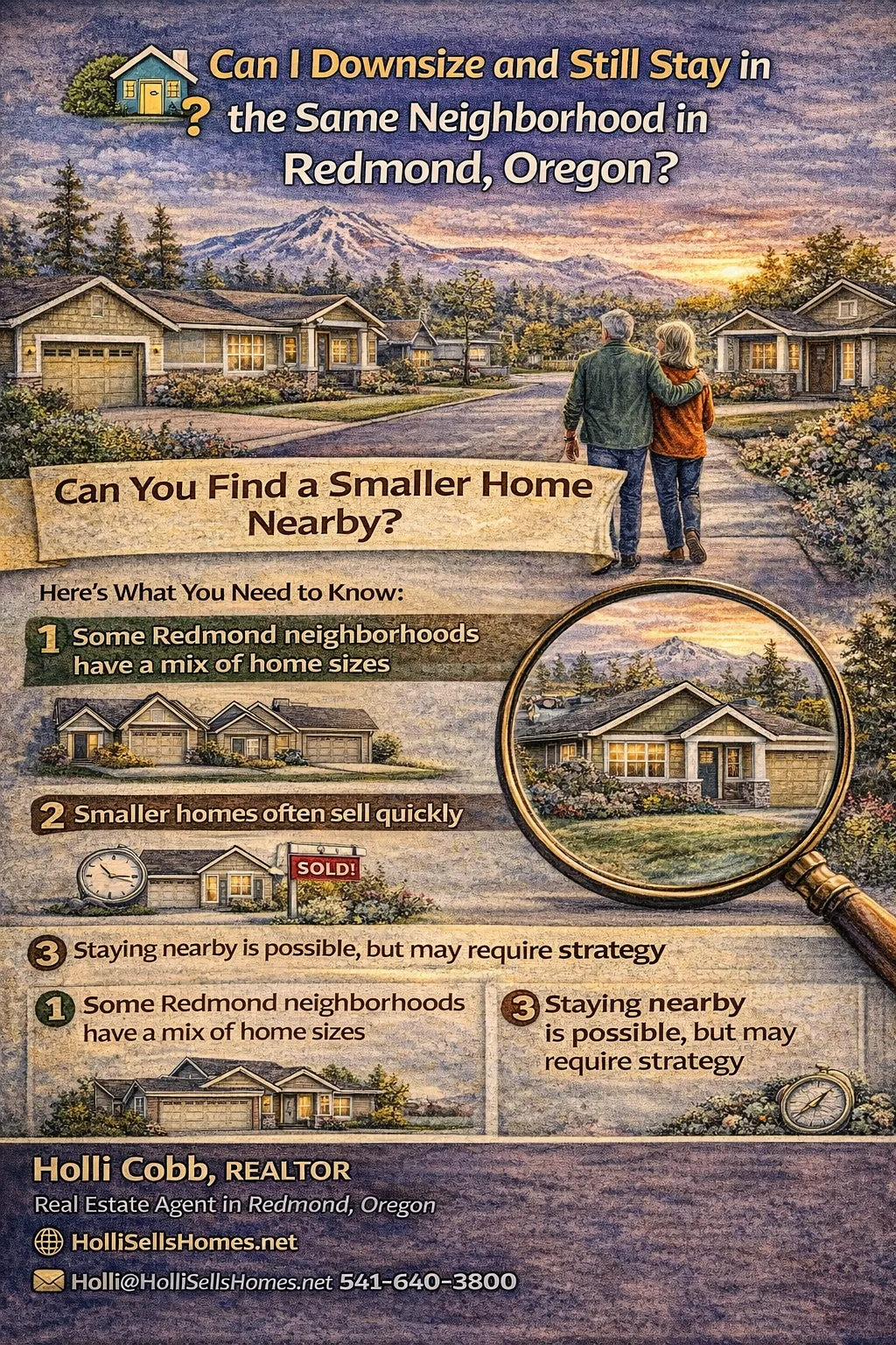 Can you downsize and stay in the same neighborhood in Redmond Oregon infographic showing smaller homes, local housing options, and neighborhood living