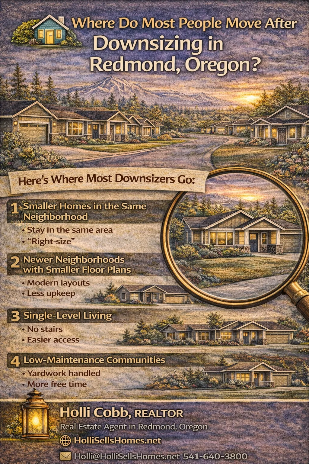 Infographic showing where people move after downsizing in Redmond Oregon including smaller homes, single-level living, and low-maintenance communities