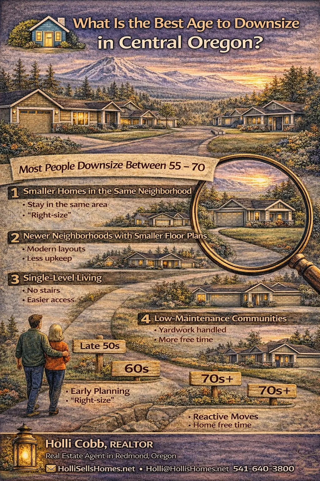 Infographic showing the best age to downsize in Central Oregon with timeline stages including 50s, 60s, and 70s plus housing transitions