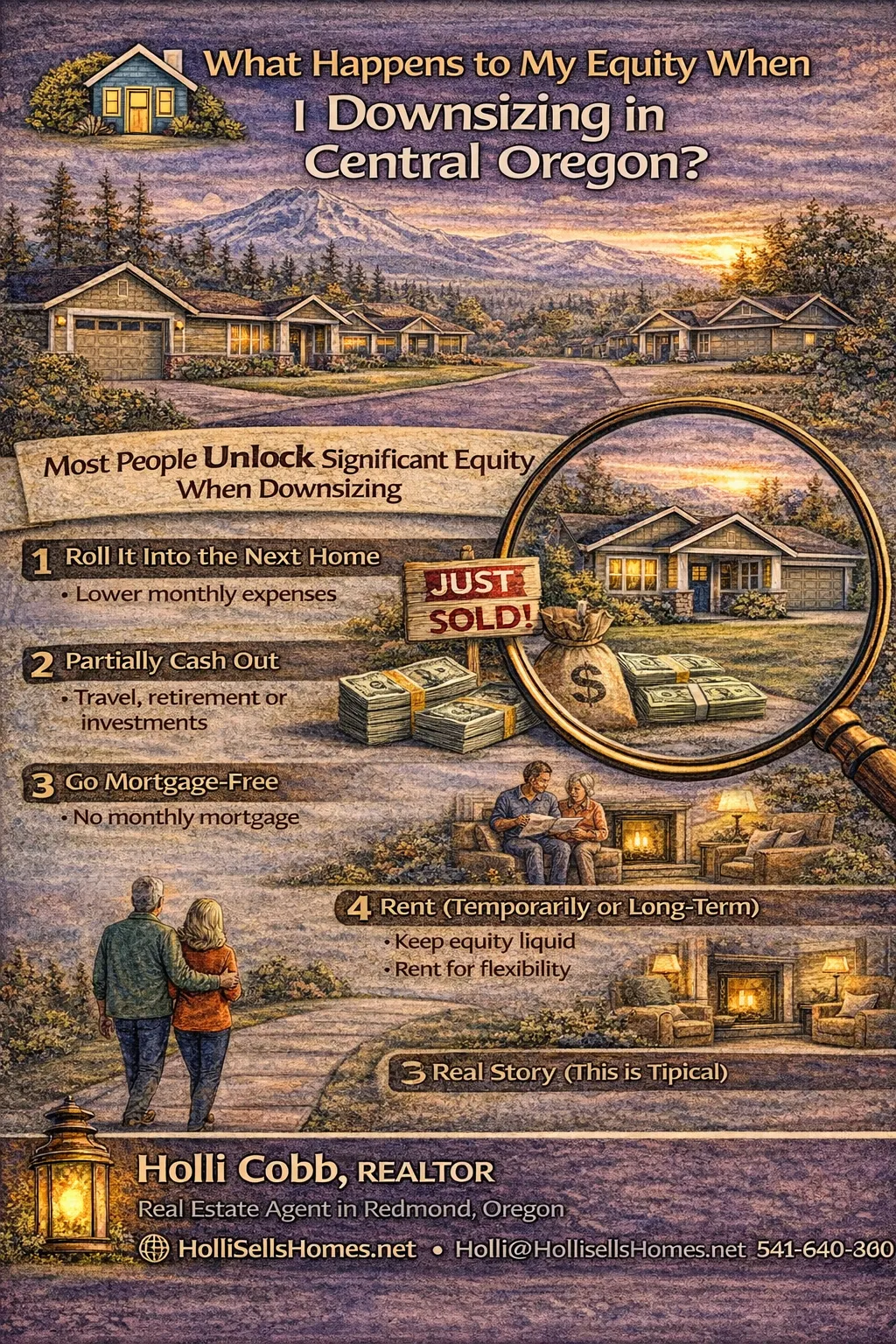 Infographic showing what happens to equity when downsizing in Central Oregon including selling a home, cashing out equity, buying a smaller home, and going mortgage-free