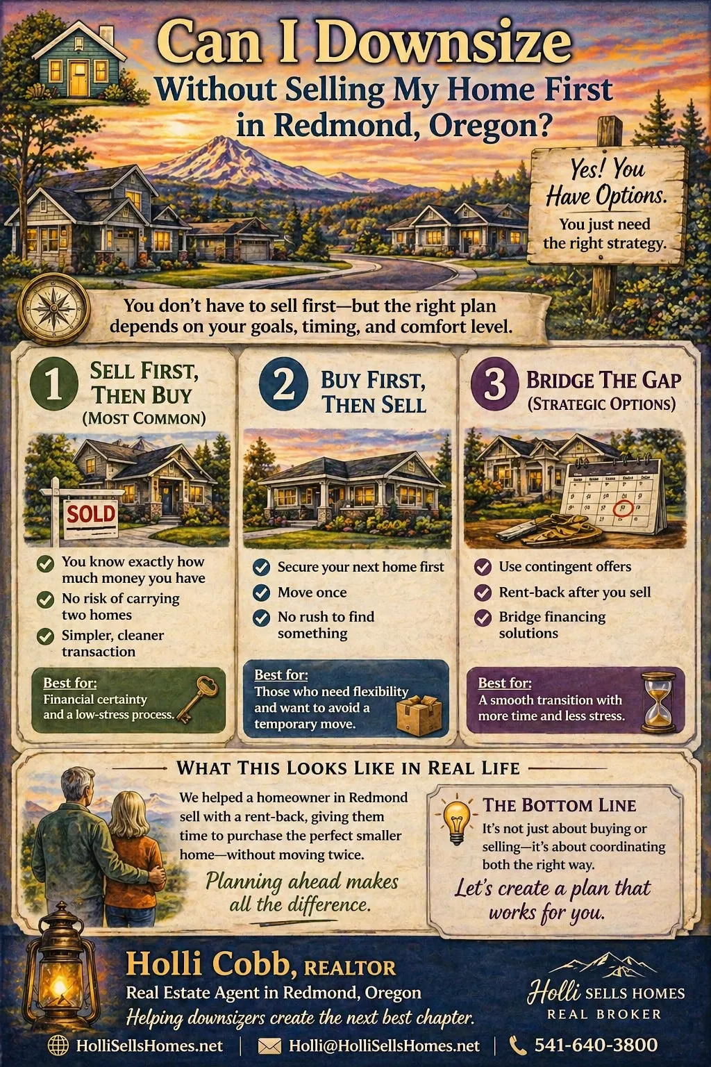 Infographic showing how to downsize without selling first in Redmond Oregon including buying before selling, rent-back options, and transition strategies