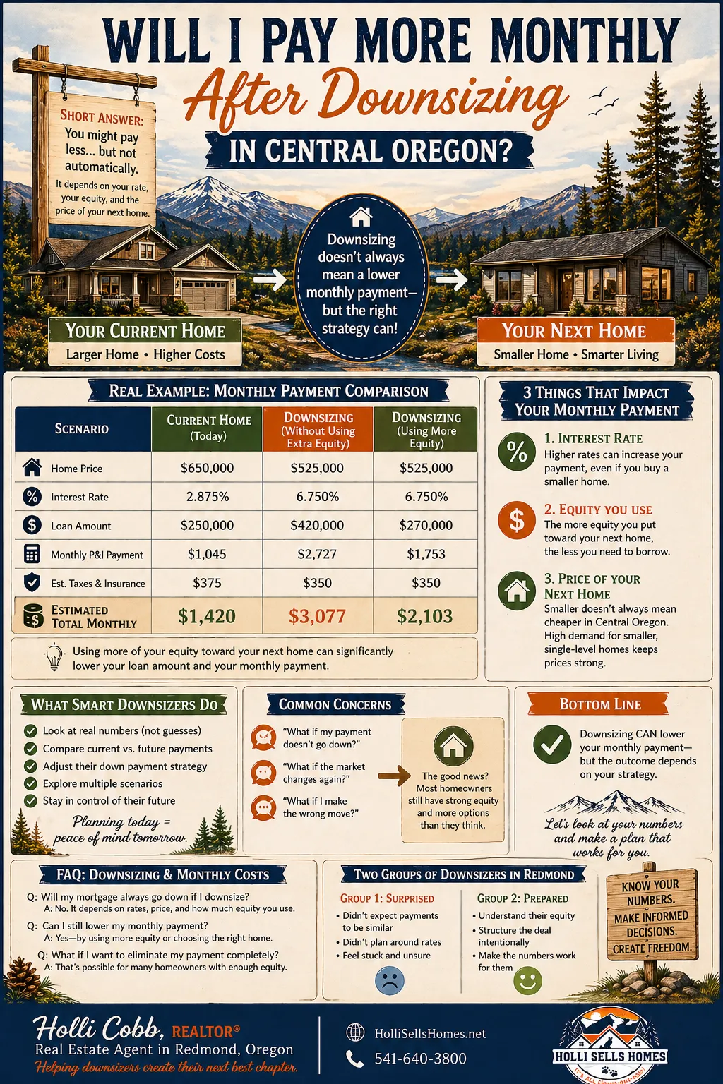 Infographic showing whether you will pay more monthly after downsizing in Central Oregon including interest rates, equity use, and home price comparison